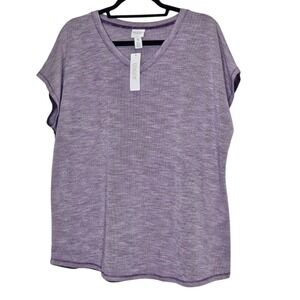 Weekends by Chico's Purple Knit V-Neck Short Sleeve Top 3 or L‎ Basic Minimalist